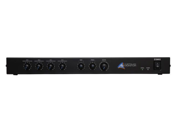 Australian Monitor ESMIX Mischpult. 4 duale symmetrische Mikrofon/Line-Eingänge. 230VAC. 1RU