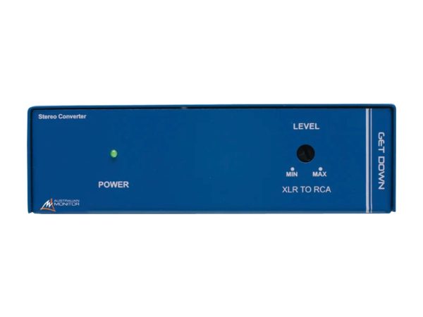 Australian Monitor GET DOWN Stereo-Wandler. Wandelt ein symmetrisches Line-Pegel-Audiosignal in ein unsymmetrisches Signal mit Haushaltspegel um. Zwei XLR-Eingänge und Stereo-Cinch-Ausgänge. Pegelregler auf der Vorderseite – Bild 2