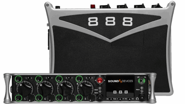 Sound Devices 888 Mixer | Recorder with 8 mic/line preamplifiers, 16 channels, and 20 record tracks. 16 channels of Dante in and out,, AES in and out, 10 analog outputs.